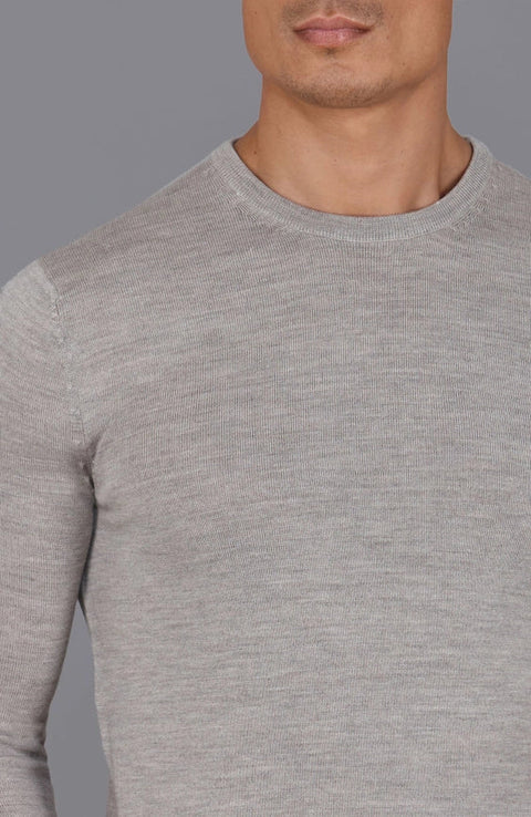 Mens Extra Fine Merino Wool Crew Neck Jumper Barley