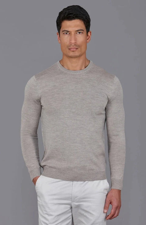 Mens Extra Fine Merino Wool Crew Neck Jumper Barley