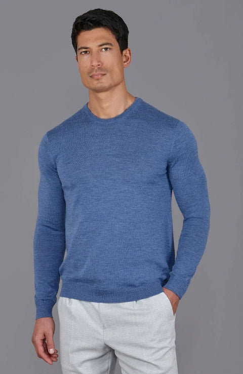 Mens Extra Fine Merino Wool Crew Neck Jumper Denim Blue