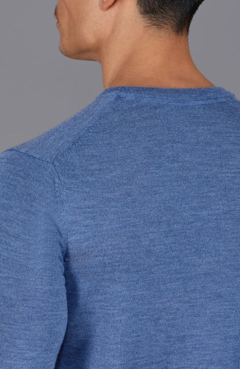 Mens Extra Fine Merino Wool Crew Neck Jumper Denim Blue