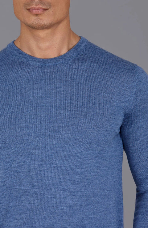 Mens Extra Fine Merino Wool Crew Neck Jumper Denim Blue