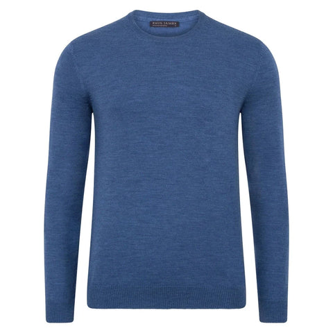 Mens Extra Fine Merino Wool Crew Neck Jumper Denim Blue