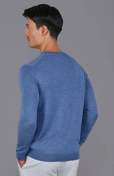 Mens Extra Fine Merino Wool Crew Neck Jumper Denim Blue