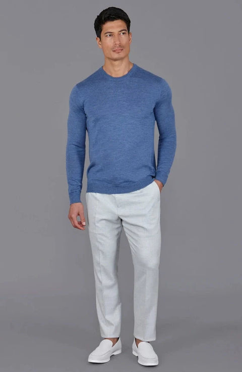 Mens Extra Fine Merino Wool Crew Neck Jumper Denim Blue