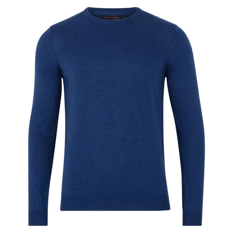 Mens Extra Fine Merino Wool Crew Neck Jumper Indigo Blue