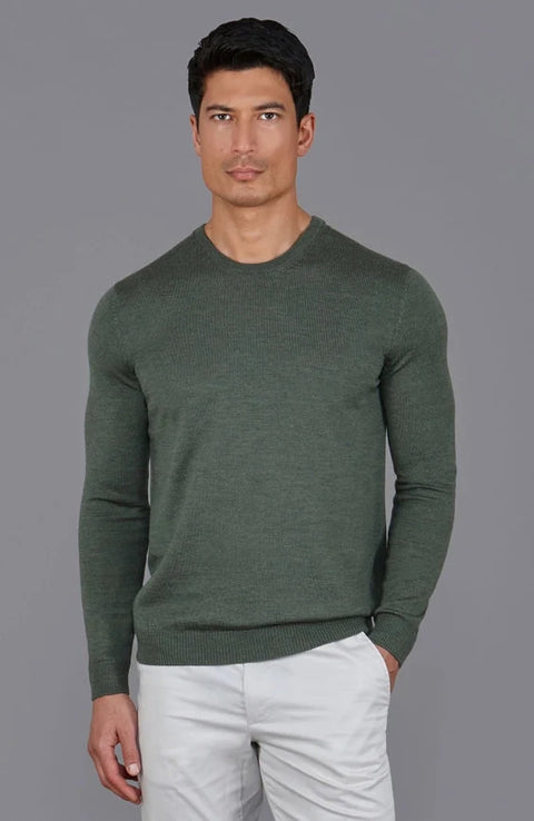 Mens Extra Fine Merino Wool Crew Neck Jumper Khaki