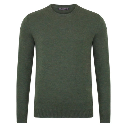 Mens Extra Fine Merino Wool Crew Neck Jumper Khaki