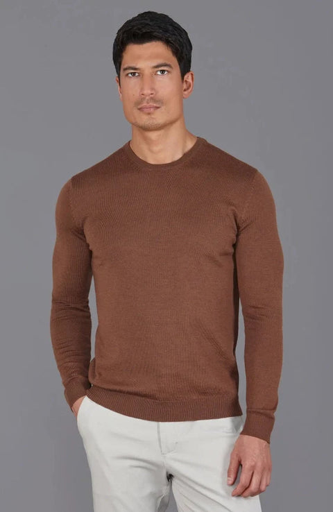 Mens Extra Fine Merino Wool Crew Neck Jumper Oak Brown