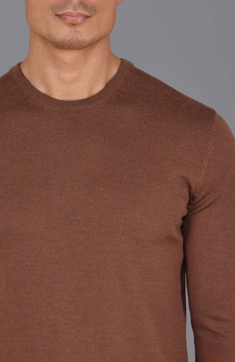 Mens Extra Fine Merino Wool Crew Neck Jumper Oak Brown