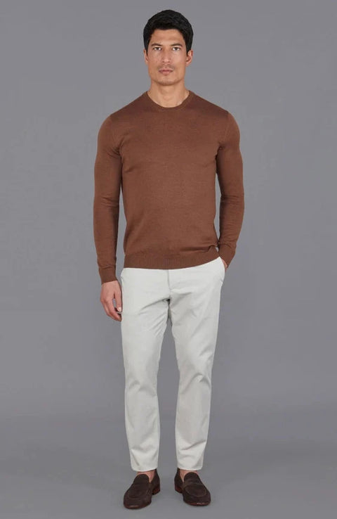 Mens Extra Fine Merino Wool Crew Neck Jumper Oak Brown
