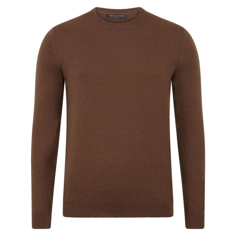 Mens Extra Fine Merino Wool Crew Neck Jumper Oak Brown