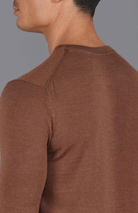 Mens Extra Fine Merino Wool Crew Neck Jumper Oak Brown
