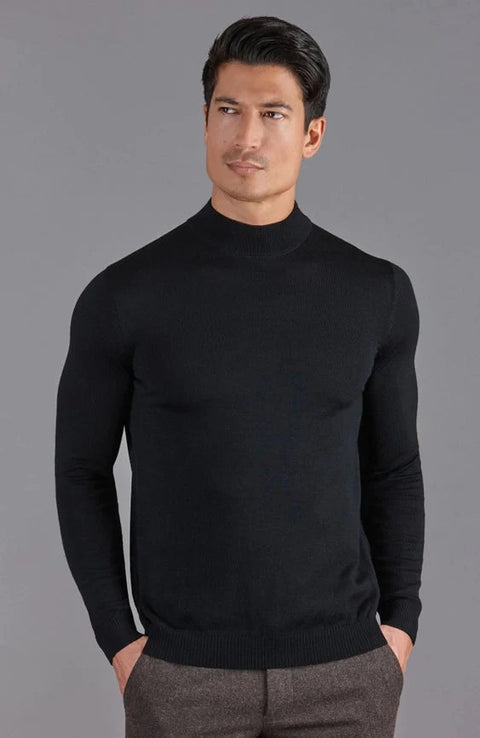 Mens Extra Fine Merino Wool Mock Turtleneck Jumper Black