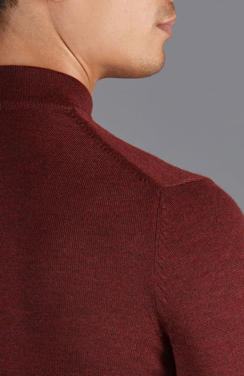 Mens Extra Fine Merino Wool Mock Turtleneck Jumper Burgundy