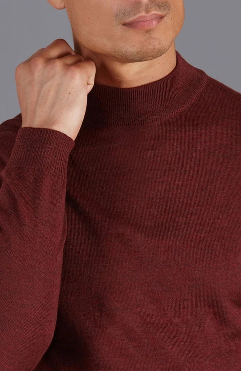 Mens Extra Fine Merino Wool Mock Turtleneck Jumper Burgundy