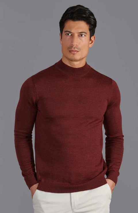 Mens Extra Fine Merino Wool Mock Turtleneck Jumper Burgundy