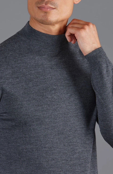 Mens Extra Fine Merino Wool Mock Turtleneck Jumper Charcoal