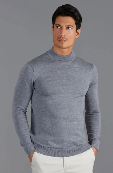 Mens Extra Fine Merino Wool Mock Turtleneck Jumper Mid Grey