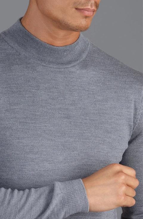 Mens Extra Fine Merino Wool Mock Turtleneck Jumper Mid Grey
