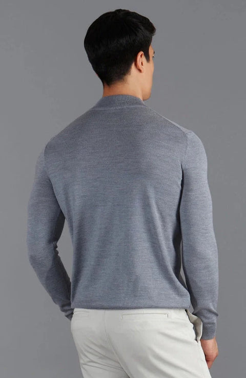 Mens Extra Fine Merino Wool Mock Turtleneck Jumper Mid Grey