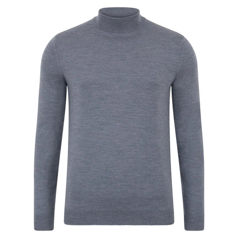 Mens Extra Fine Merino Wool Mock Turtleneck Jumper Mid Grey