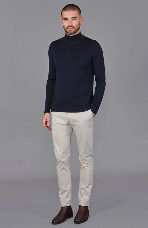 Mens Extra Fine Merino Wool Mock Turtleneck Jumper Navy