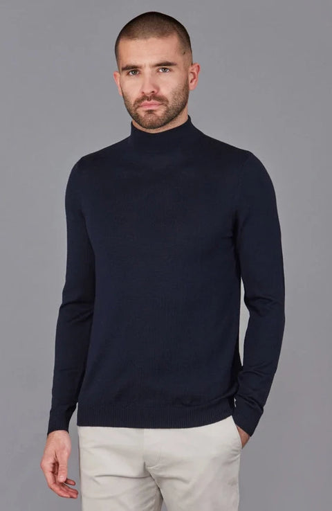 Mens Extra Fine Merino Wool Mock Turtleneck Jumper Navy