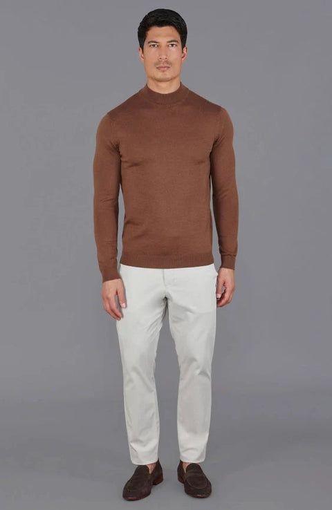 Mens Extra Fine Merino Wool Mock Turtleneck Jumper Oak Brown