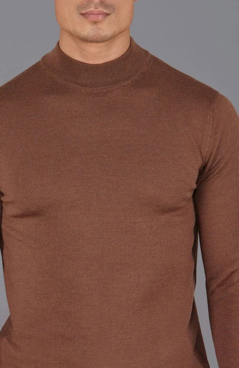 Mens Extra Fine Merino Wool Mock Turtleneck Jumper Oak Brown
