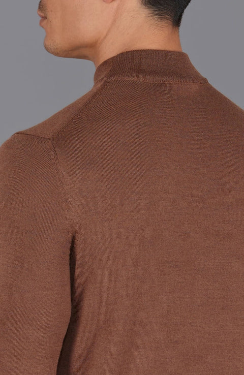 Mens Extra Fine Merino Wool Mock Turtleneck Jumper Oak Brown