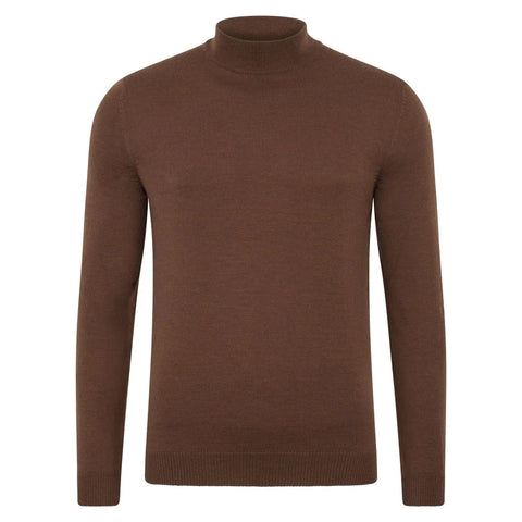 Mens Extra Fine Merino Wool Mock Turtleneck Jumper Oak Brown