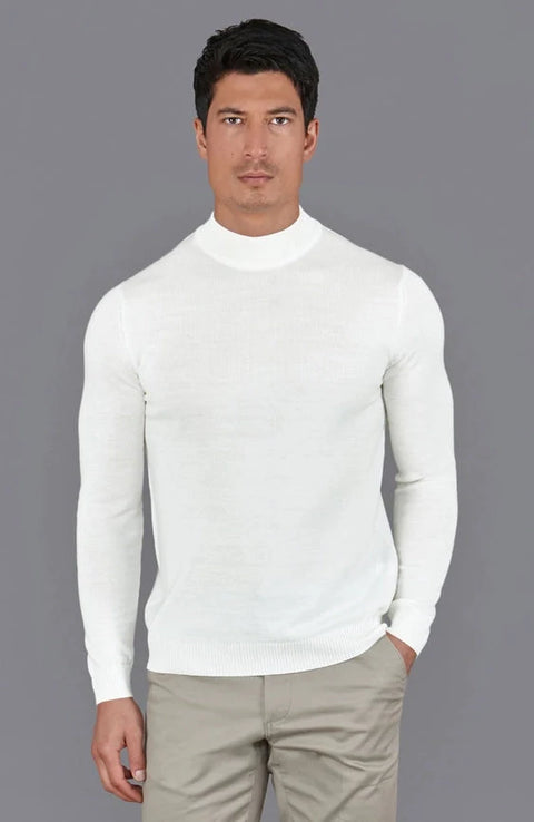 Mens Extra Fine Merino Wool Mock Turtleneck Jumper White