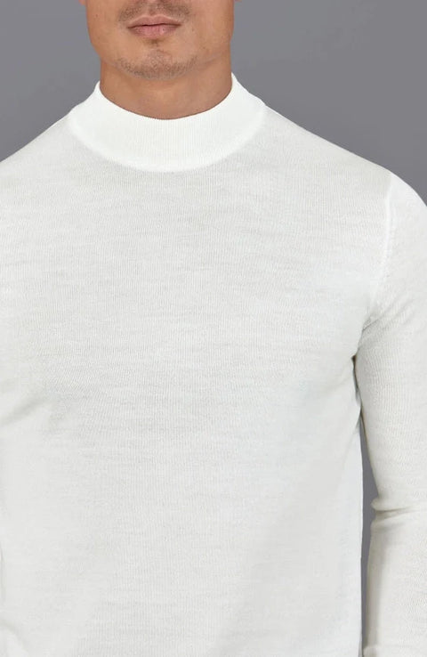 Mens Extra Fine Merino Wool Mock Turtleneck Jumper White