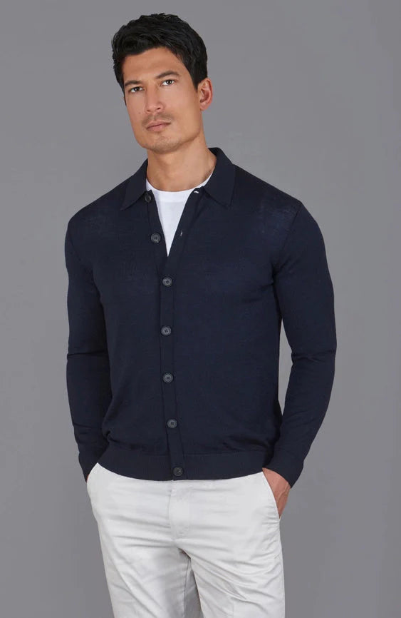 Mens Extra Fine Merino Wool Polo Cardigan