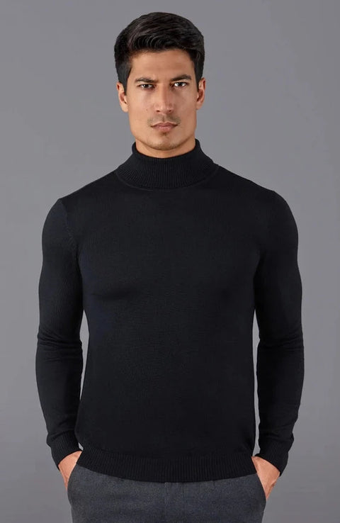 Mens Extra Fine Merino Wool Roll Neck Jumper Black