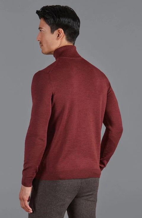 Mens Extra Fine Merino Wool Roll Neck Jumper Burgundy
