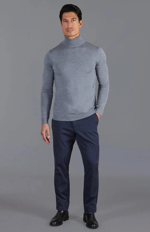 Mens Extra Fine Merino Wool Roll Neck Jumper Mid Grey