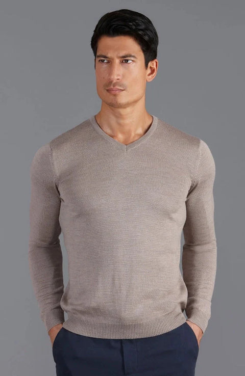 Mens Extra Fine Merino Wool V-Neck Jumper Hessian