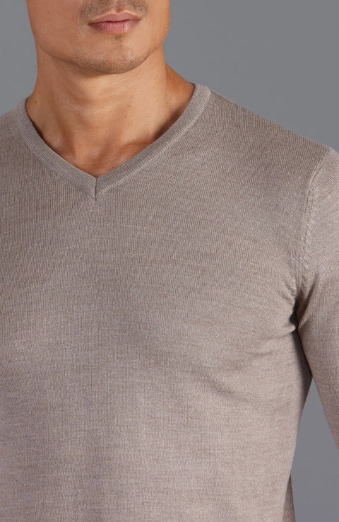 Mens Extra Fine Merino Wool V-Neck Jumper Hessian