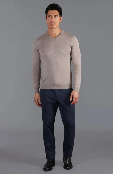 Mens Extra Fine Merino Wool V-Neck Jumper Hessian
