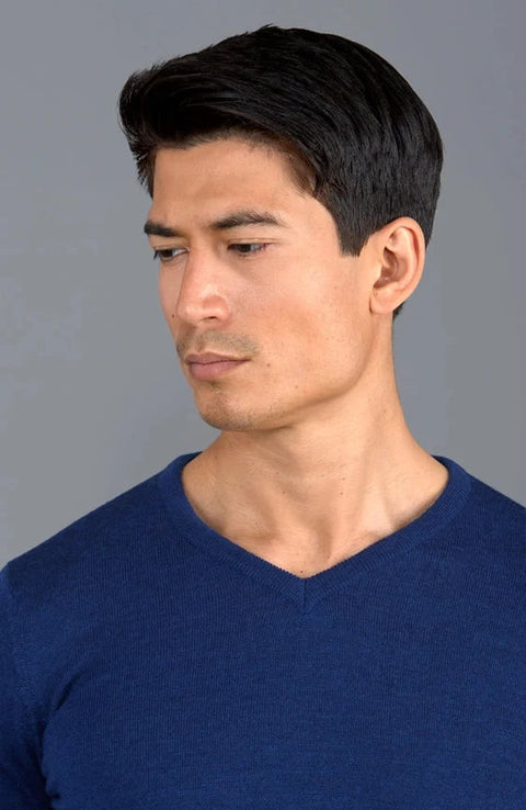 Mens Extra Fine Merino Wool V-Neck Jumper Indigo