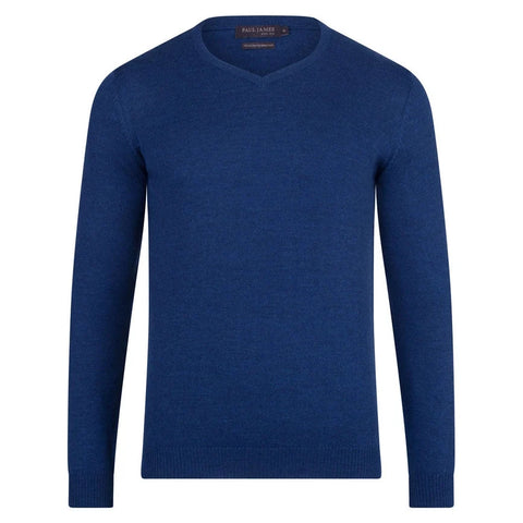 Mens Extra Fine Merino Wool V-Neck Jumper Indigo