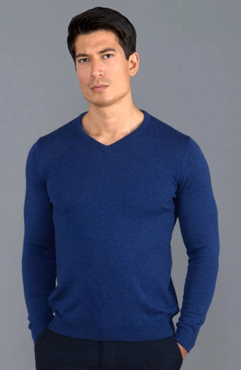 Mens Extra Fine Merino Wool V-Neck Jumper Indigo