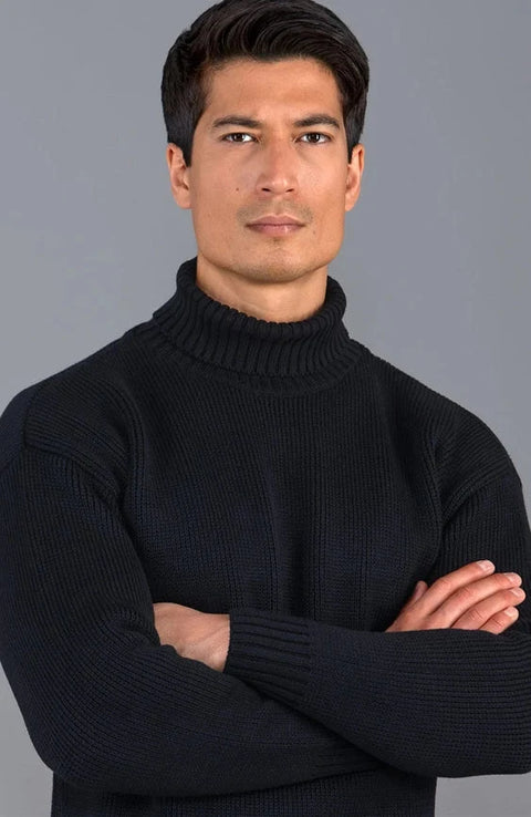Mens Heavyweight Cotton Submariner Roll Neck Jumper Black