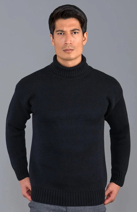 Mens Heavyweight Cotton Submariner Roll Neck Jumper Black