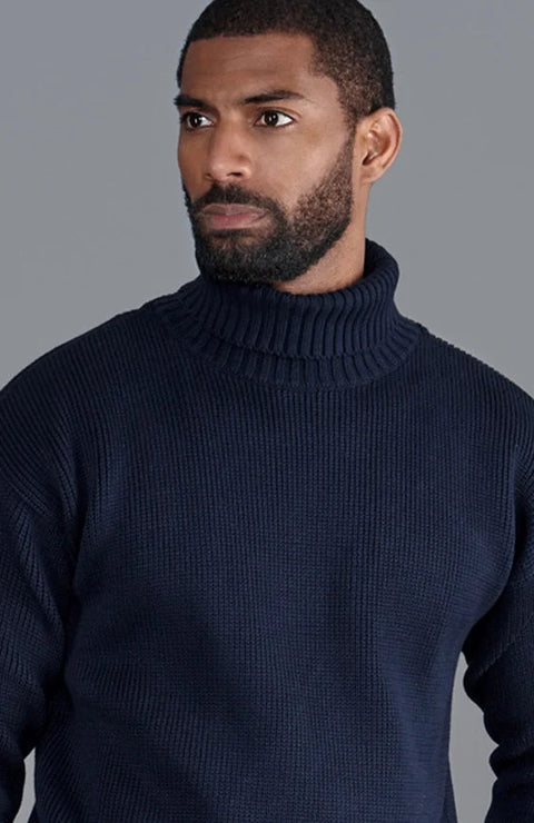 Mens Heavyweight Cotton Submariner Roll Neck Jumper Navy