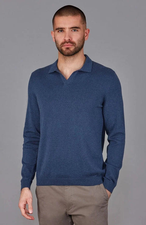 Mens Lightweight Cotton Buttonless Polo Shirt  Blue Melange