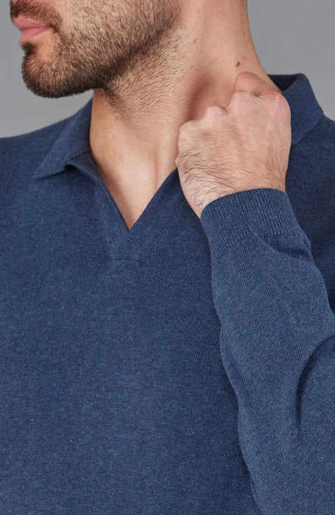 Mens Lightweight Cotton Buttonless Polo Shirt  Blue Melange