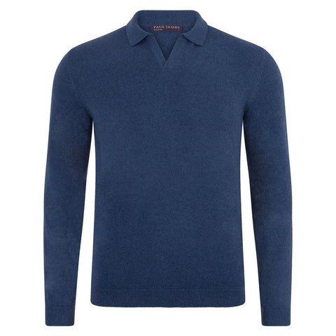 Mens Lightweight Cotton Buttonless Polo Shirt  Blue Melange