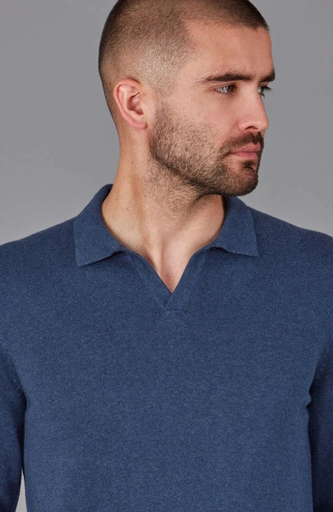 Mens Lightweight Cotton Buttonless Polo Shirt  Blue Melange